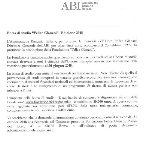Borsa Di Studio Felice Gianani Edizione 2018 Banca Popolare Del Lazio